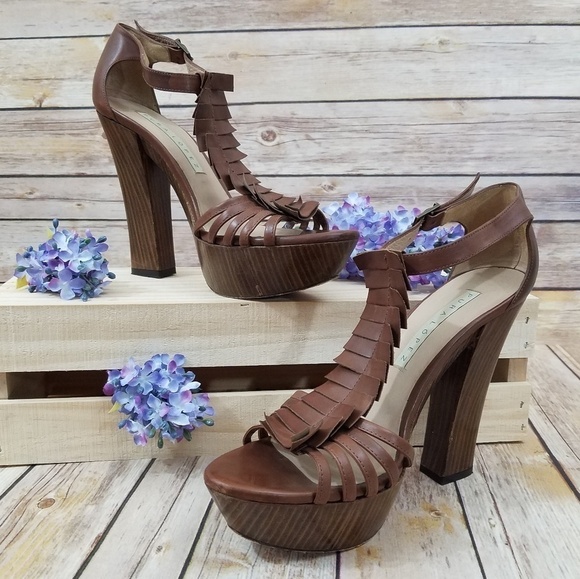 PURA Lopez 40 Brown Ruffle T Strap Wooden Heels - Picture 3 of 8